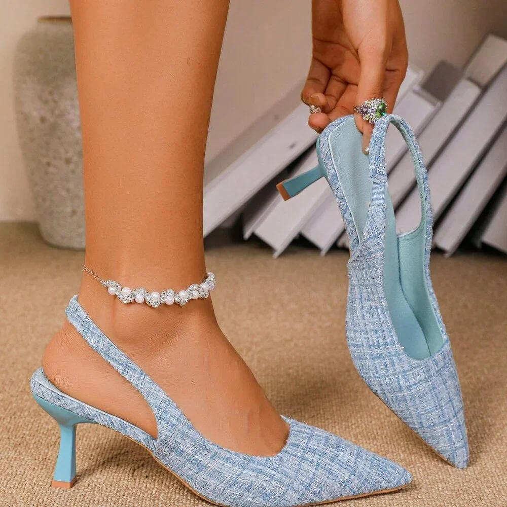 Baby Blue Casual Women's Pointed Toe High Heel Slip On Pumps - Picture 2 of 7